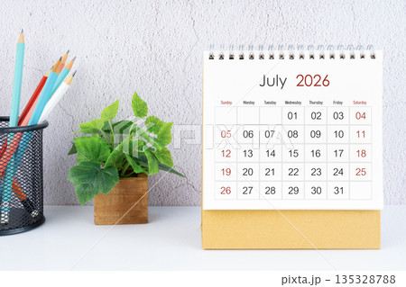 July 2026 Desk Calendar with pencil. 135328788