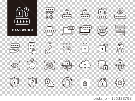 ログイン認証やパスワード管理を表す黒線アウトラインアイコンセット 135328798
