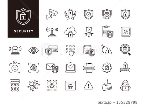 情報保護や認証管理を表すセキュリティ機能の黒線アイコンセット 135328799