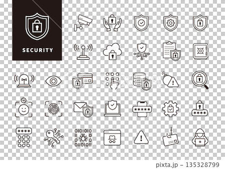 情報保護や認証管理を表すセキュリティ機能の黒線アイコンセット 135328799