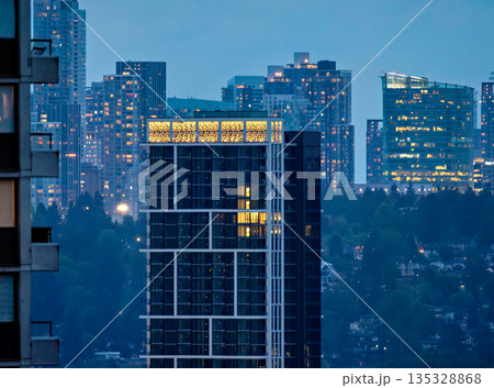 Cityscape with high-rise buildings on sunset sky background Cityscape with high-rise buildings on sunset sky background 135328868