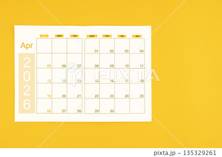 Agenda or planner book for April 2026 calendar with blank space for your text. Agenda or planner book for April 2026 calendar with blank space for your text. 135329261
