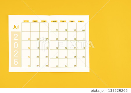 Agenda or planner book for July 2026 calendar with blank space for your text. 135329263