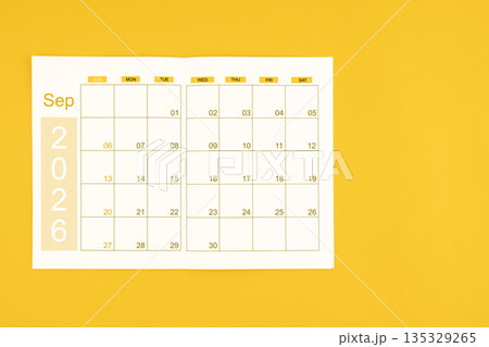 Agenda or planner book for September 2026 calendar with blank space for your text. Agenda or planner book for September 2026 calendar with blank space for your text. 135329265