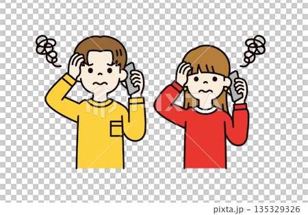 Vector illustration material set of young men and women/students talking on smartphones with troubled expressions_Color 135329326