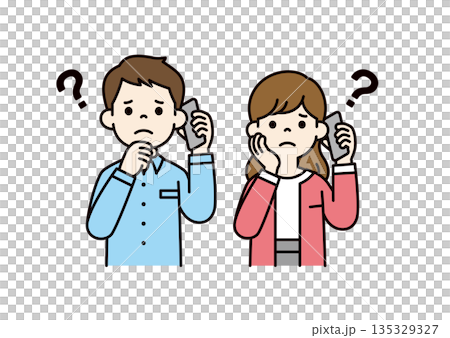 一組向量插圖素材,描繪了一對年輕男女/情侶正在用手機諮詢,表情焦慮。 (彩色) 一組向量插圖素材,描繪了一對年輕男女/情侶正在用手機諮詢,表情焦慮。 (彩色) 135329327