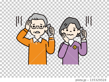 Vector illustration material set of elderly men and women consulting on smartphones with worried expressions_Color 135329328