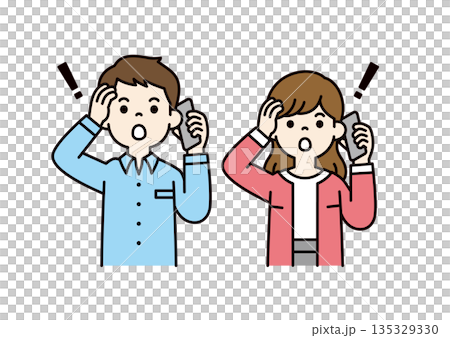 Vector illustration material set of young men and women/couples talking on smartphones with surprised expressions_Color 135329330