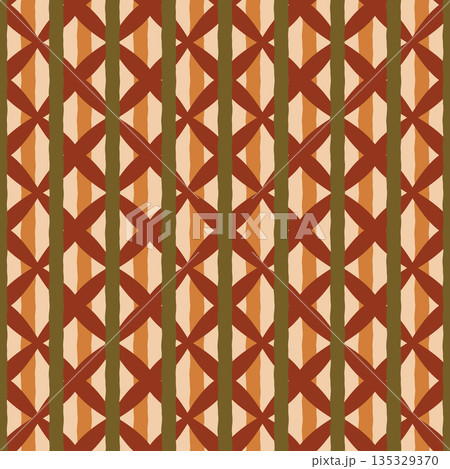 Abstract vector seamless pattern. Modern ornamental design with wavy stripes and geometric shapes in warm terracotta brown and beige tones. Ethnic rustic repeat tile with retro vintage autumn feel 135329370