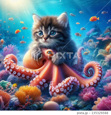 海底でタコの頭にしがみ付くこにゃんこ 135329388