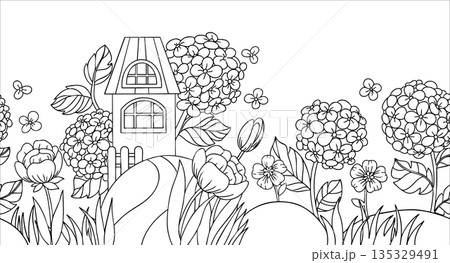 Seamless vector frame. Illustration with a cute house and flowers. Meadow with hydrangeas and roses. Coloring book. 135329491