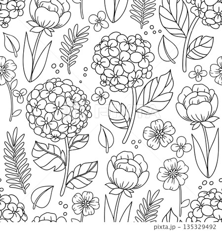 Seamless vector pattern. Illustration with hydrangeas and pink roses. Coloring book 135329492