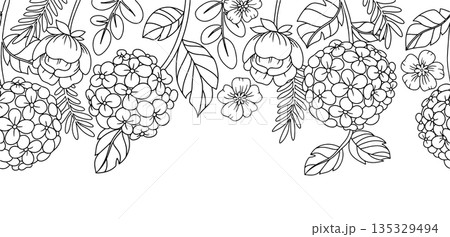 Seamless vector frame. Illustration with hydrangeas and pink roses. Coloring book 135329494
