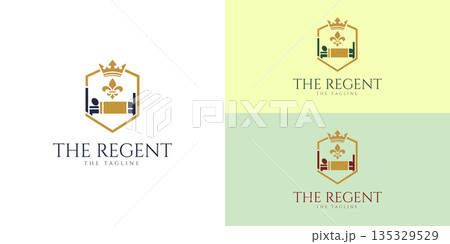 Royal Bed Emblem Logo with Crown. Luxury Hotel, Resort Hospitality Branding 135329529