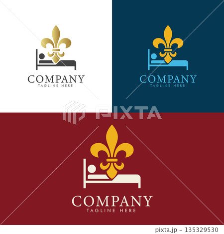 Luxury Bed Logo with Fleur-de-Lis. Elegant Boutique Hotel Resort Branding 135329530