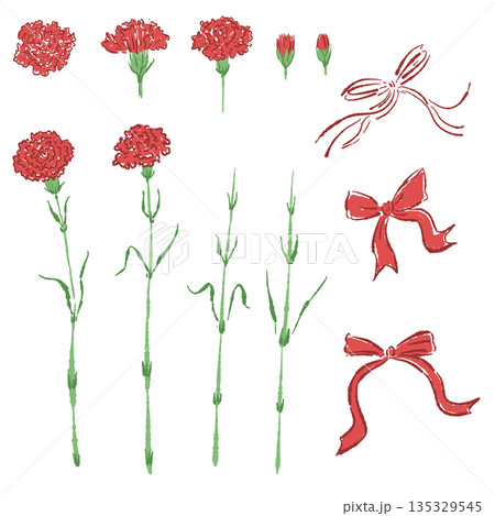 母の日の赤いカーネーションの手書き風カラーイラスト素材（フレーム・リース・花束など） 135329545