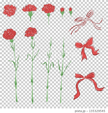 母の日の赤いカーネーションの手書き風カラーイラスト素材（フレーム・リース・花束など） 135329545