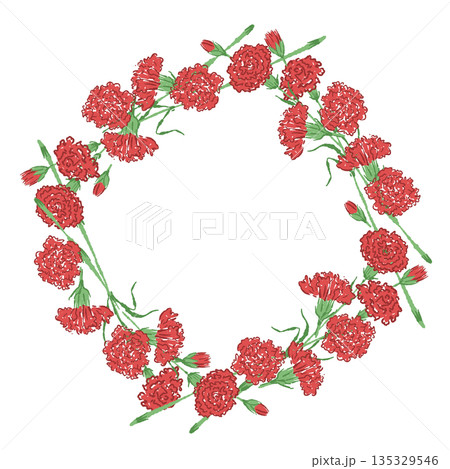母の日の赤いカーネーションの手書き風カラーイラスト素材（フレーム・リース・花束など） 135329546