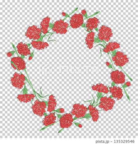 母の日の赤いカーネーションの手書き風カラーイラスト素材（フレーム・リース・花束など） 135329546