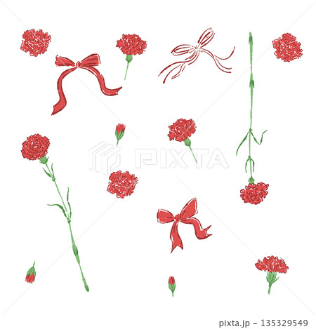 母の日の赤いカーネーションの手書き風カラーイラスト素材（フレーム・リース・花束など） 135329549