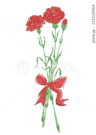 母の日の赤いカーネーションの手書き風カラーイラスト素材（フレーム・リース・花束など） 135329564