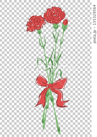 母の日の赤いカーネーションの手書き風カラーイラスト素材（フレーム・リース・花束など） 135329564