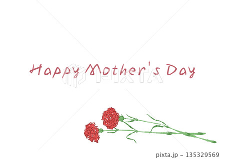 母の日の赤いカーネーションの手書き風カラーイラスト素材（フレーム・リース・花束など） 135329569