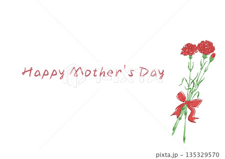 母の日の赤いカーネーションの手書き風カラーイラスト素材（フレーム・リース・花束など） 135329570