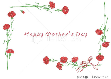 母の日の赤いカーネーションの手書き風カラーイラスト素材（フレーム・リース・花束など） 135329572