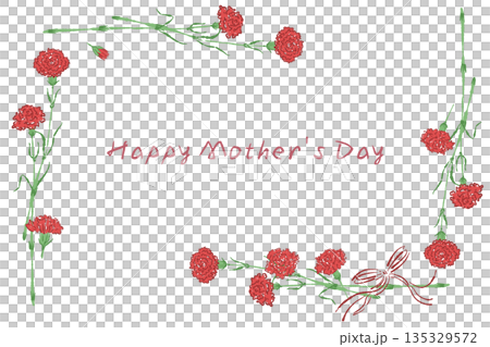 母親節紅色康乃馨手繪彩色插畫（邊框、花環、花束等） 135329572