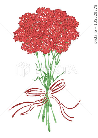 母の日の赤いカーネーションの手書き風カラーイラスト素材（フレーム・リース・花束など） 135329578