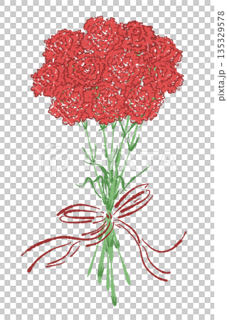 母の日の赤いカーネーションの手書き風カラーイラスト素材（フレーム・リース・花束など） 135329578