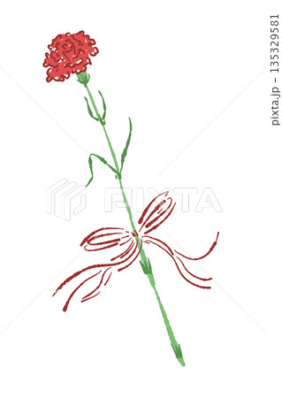母の日の赤いカーネーションの手書き風カラーイラスト素材（フレーム・リース・花束など） 135329581