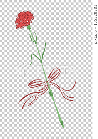 母の日の赤いカーネーションの手書き風カラーイラスト素材（フレーム・リース・花束など） 135329581