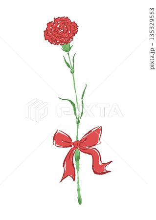 母の日の赤いカーネーションの手書き風カラーイラスト素材（フレーム・リース・花束など） 135329583
