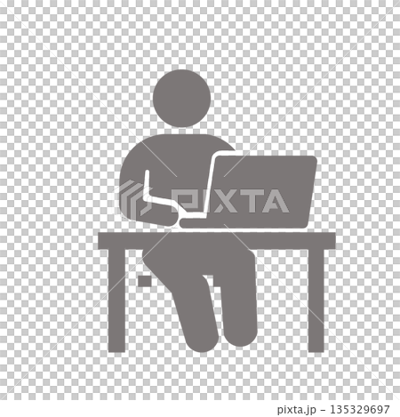 机に向かってパソコン作業をするビジネス人物アイコン(グレー) 135329697