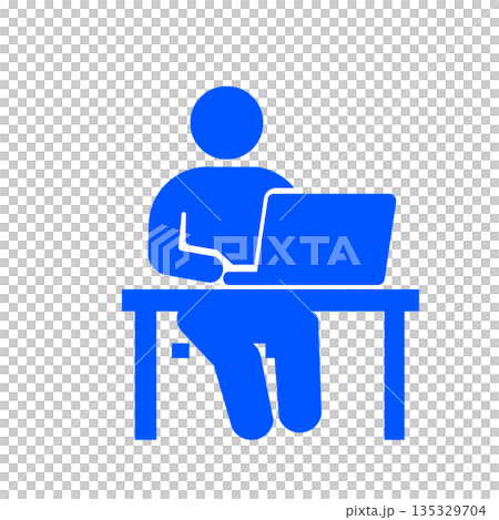 机に向かってパソコン作業をするビジネス人物アイコン(青) 135329704