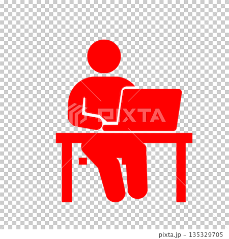 机に向かってパソコン作業をするビジネス人物アイコン(赤) 135329705
