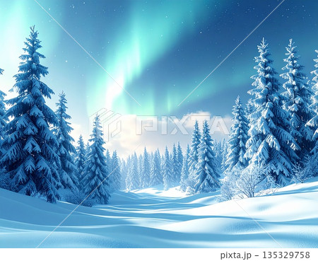 雪が積もる針葉樹林の空に輝く幻想的なオーロラと冬の風景 135329758