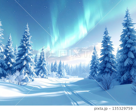 雪が積もる針葉樹林の空に輝く幻想的なオーロラと冬の風景 135329759