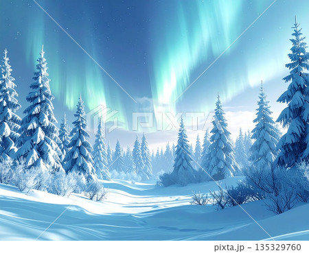 雪が積もる針葉樹林の空に輝く幻想的なオーロラと冬の風景 雪が積もる針葉樹林の空に輝く幻想的なオーロラと冬の風景 135329760