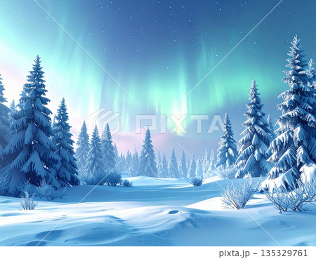 雪が積もる針葉樹林の空に輝く幻想的なオーロラと冬の風景 135329761
