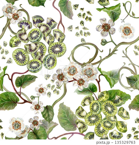 White flowers, green leaves, branches and brown fruit kiwi. Seamless pattern on a white background. Botanical template for home kitchen textiles, wrapping paper, packaging, wallpaper, scrapbook 135329763