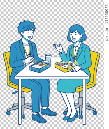 ランチをしながら会話するビジネスパーソンのイラスト｜社内コミュニケーションのイメージ 135330076