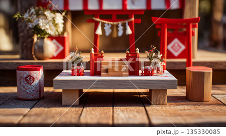 鳥居とお供え物を備えたミニチュア神社の風景 135330085