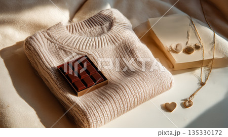 柔らかな背景のクリーム色ニットセーターとチ. 柔らかな背景のクリーム色ニットセーターとチ. 135330172