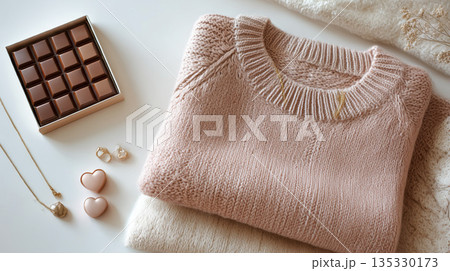 心地よいピンクのニットセーターとチョコレー. 135330173