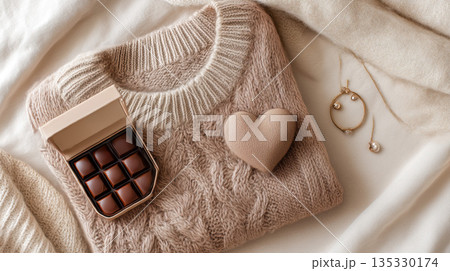 心地よい編み物セーターのフラットレイ チョコ 135330174