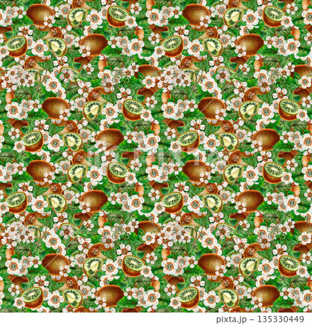 White flowers, green leaves, branches and brown fruit kiwi. Seamless pattern on a foliage background. Botanical template for home kitchen textiles, wrapping paper, packaging, wallpaper, scrapbook White flowers, green leaves, branches and brown fruit kiwi. Seamless pattern on a foliage background. Botanical template for home kitchen textiles, wrapping paper, packaging, wallpaper, scrapbook 135330449