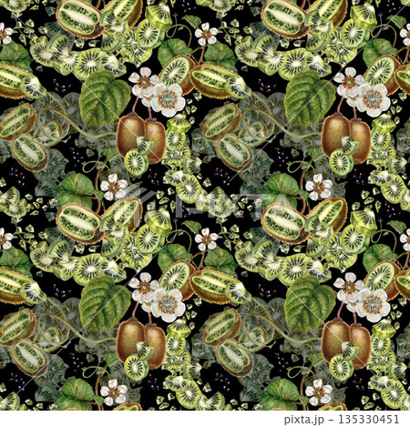 White flowers, green leaves, branches, slices of ripe kiwi fruit. Seamless pattern on a black background. Botanical template for home kitchen textiles, wrapping paper, wallpaper, scrapbook, fabric White flowers, green leaves, branches, slices of ripe kiwi fruit. Seamless pattern on a black background. Botanical template for home kitchen textiles, wrapping paper, wallpaper, scrapbook, fabric 135330451